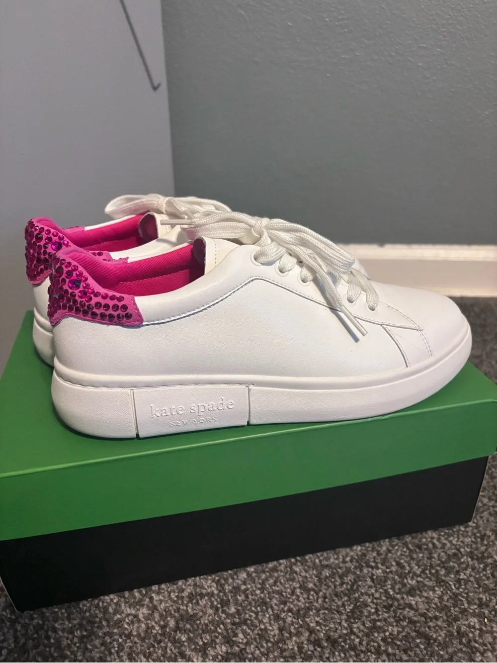 kate spade White Leather Sneakers with Pink Crystal Heel